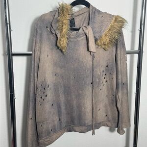 Distressed Tan Sweater with Faux Fur Trim